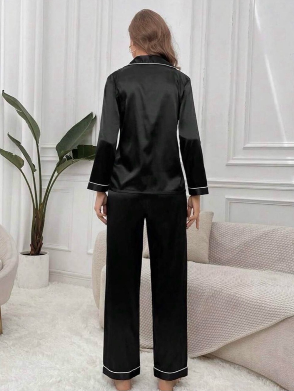 Women's Pajama Set with Contrast Piping - Black - Picture 2 of 6